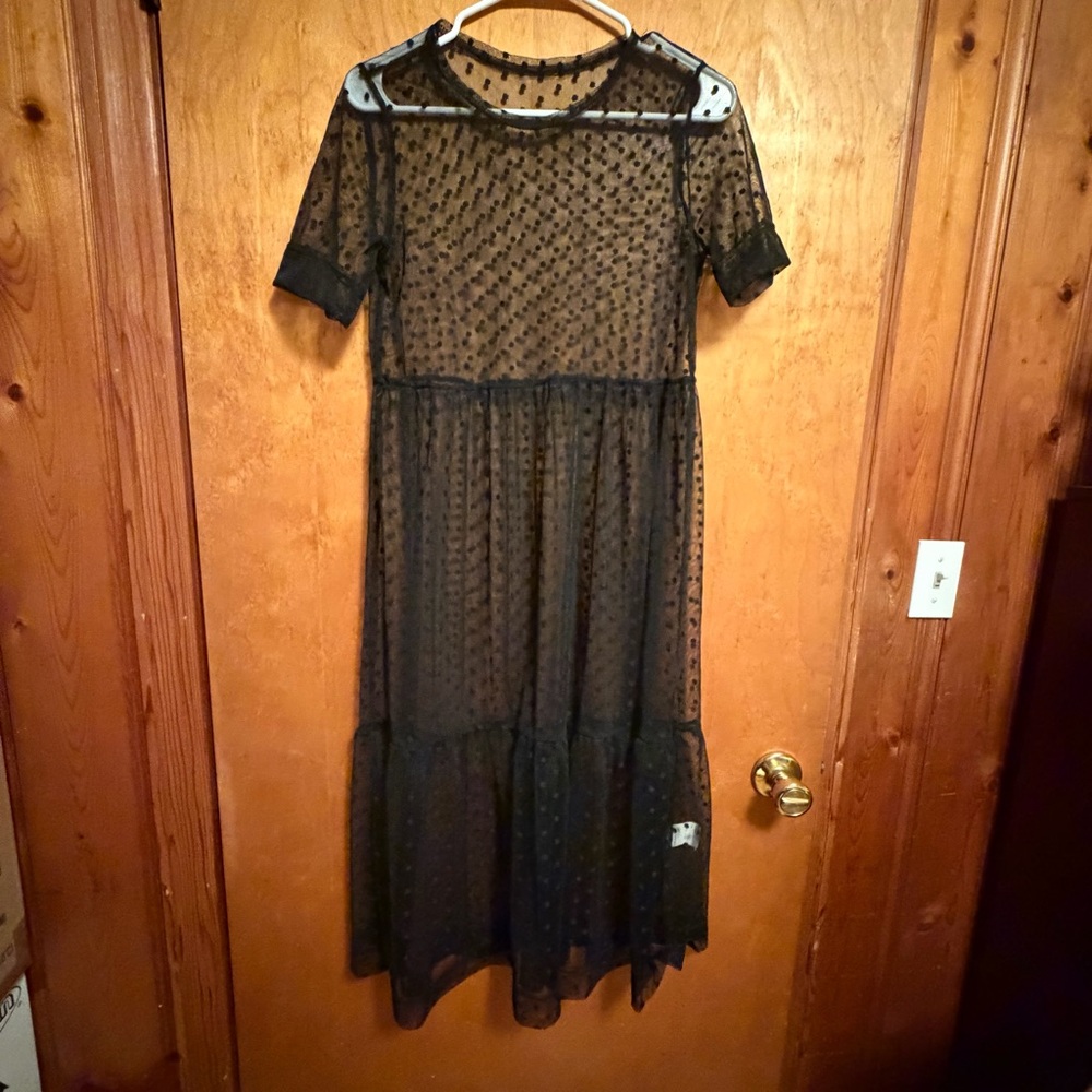 Sheer Black Polka-Dot Midi Dress with Short Sleeves